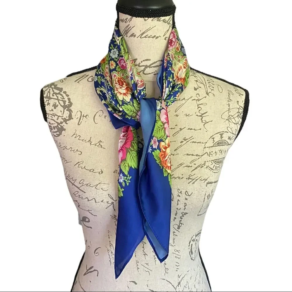 Satin Blue Floral Neck Hair Scarf NEW